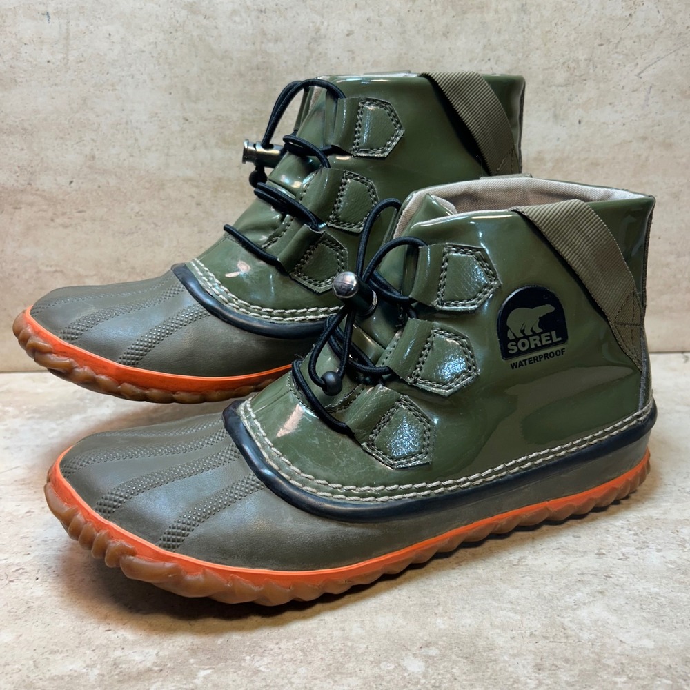 Sorel Out N About Rain Boots Womens 8 Olive Green Orange Waterproof NL2099-213
